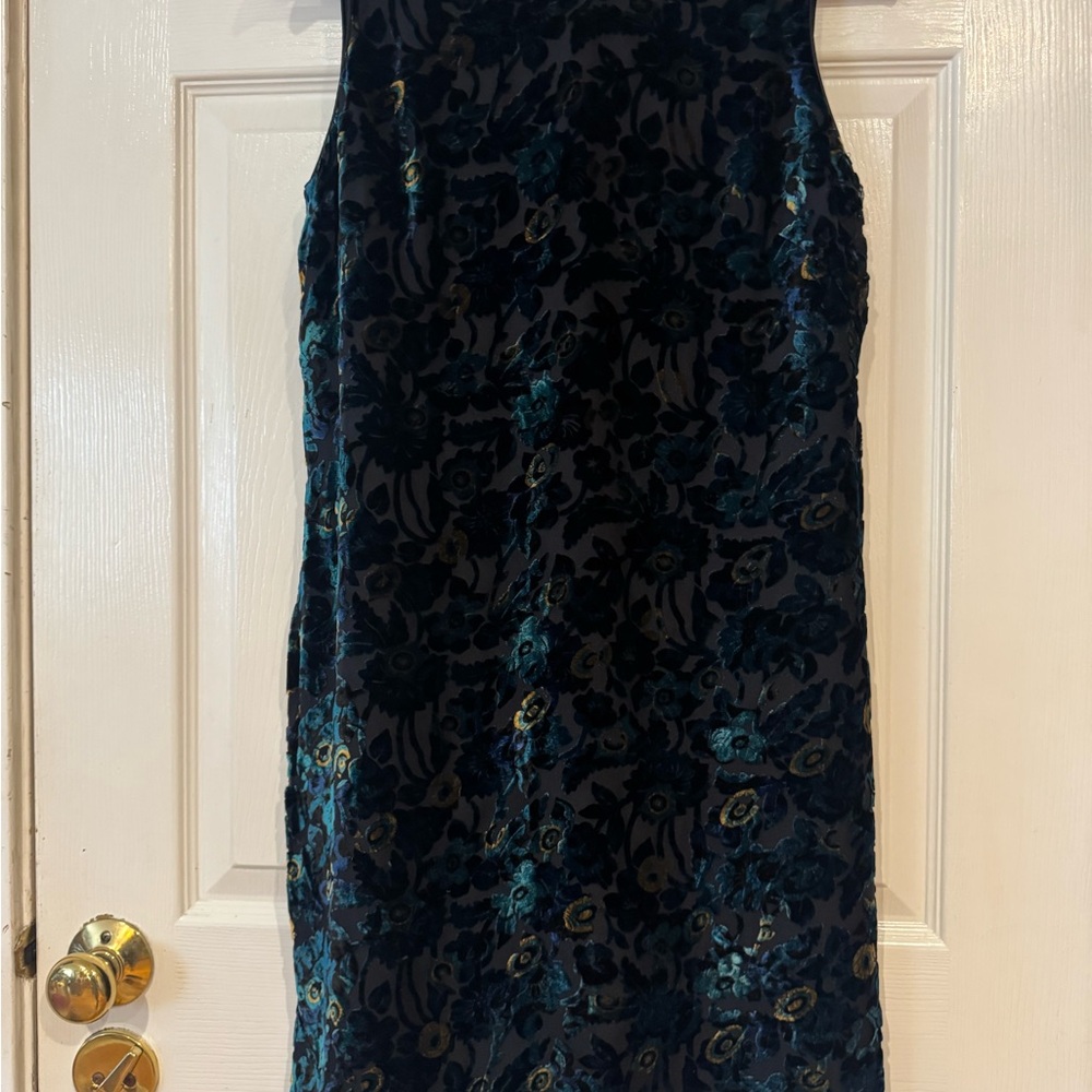 Vintage Sheer Peacock Colored Floral Velvet V-Neck Tank Dress